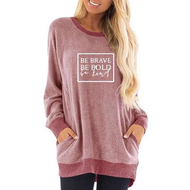 US $13.52 Round Neck Contrast Pocket Hoodies For Women BE BRAVE Letters Print Kawaii Sweatshirts Femmes Hoodi