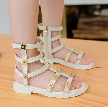 

Little girls gladiator sandals boots scrub leather summer white black high-top fashion roman kid sandals toddler baby shoes