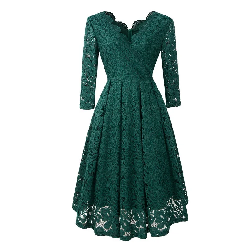 VNeck KneeLength Green Lace Women Dress