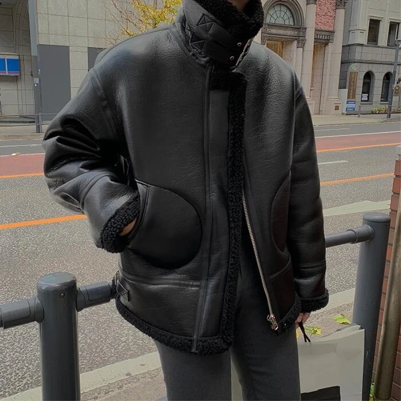 

2019 Winter Lamb Hair Motorcycle Clothing Male Korean Version Of Handsome Leather Thickening Jacket Black / Beige M-XL