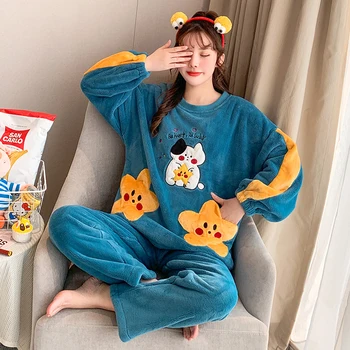 

Winter Flannel Pajama Set Womens Two Pieces Fleece Pajamas Sleepwear Home Clothing Thick Warm Coral Velvet Female Suit Pajama