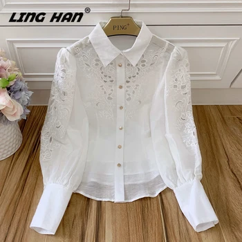 

LINGHAN Sexy Hollow Out White Shirt Top Women Fashion Embroidery Lantern Sleeve Linen Blouse Designer Spring Summer New