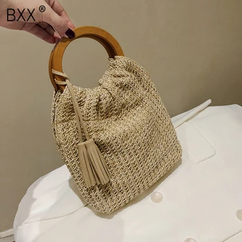 

[BXX] Wooden Handle Shoulder Bags For Women 2020 Fashion Tassel Handbags Lady Travel Straw Hand Bag Weave Hand Bag Totes HN517