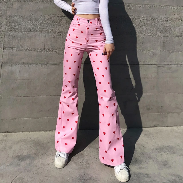 Hot Pink Pants Jeans Y2k Baggy Women Straight Leg Denim Streetwear