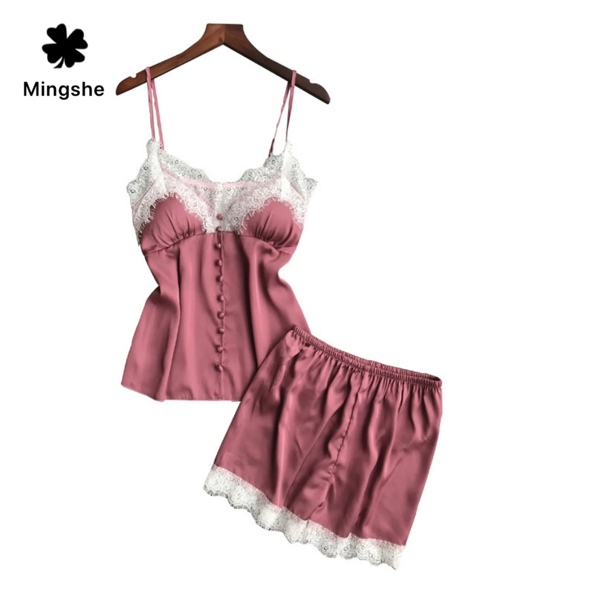 

M-3XL ladies pajamas sexy pajamas two-piece suit satin home service lace with chest pad ladies pajamas large size 2019new