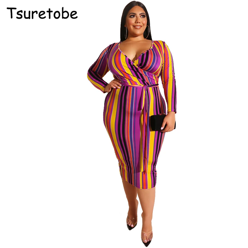 

Tsuretobe Plus Size Bandage Color Stripe Print Midi Dress Split Women Tight Long Sleeve Cross Dress Sashes Casual V-neck Vestido