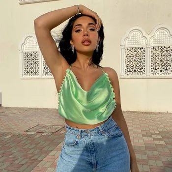 

Foridol Green Satin Backless Blouse Shirt Elegant Ruffle Blouse Crop Top Sexy Solid Short Tops Blouse Summer Feminine 2020