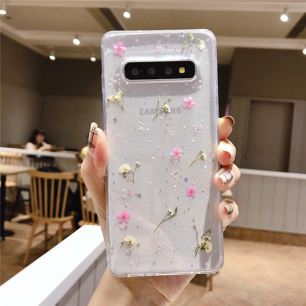 Elegant Real Dried Flower Glitter Soft Clear Phone Case