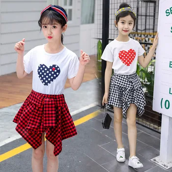 

Teenage Girls Summer Clothing Sets Kids Clothes White Short Sleeve T-Shirt & Plaid Skirt 2 Pcs Suits Children Clothes For Girl