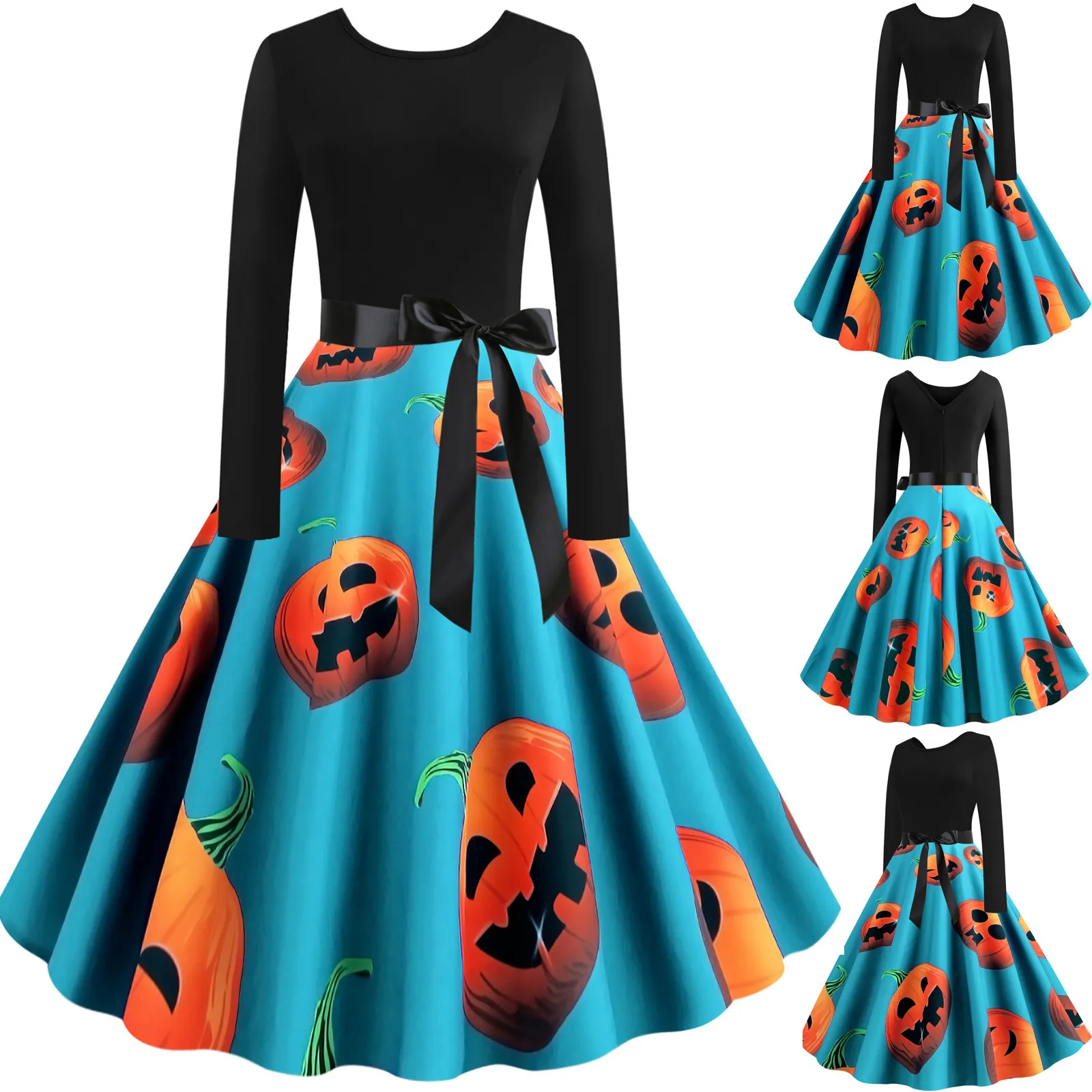 Halloween Women's Digital Printed Waist Long Sleeve Stitching A-line O-neck Dress Autumn And Winter Ladies dress Vestido femme 1