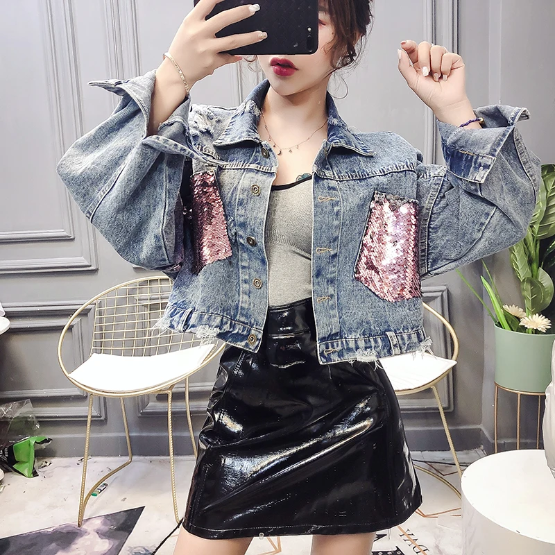 WHITNEY WANG Осенняя мода уличная высокая Талия Блестки Карманы джинсовая куртка женская Стильная джинсовая куртка