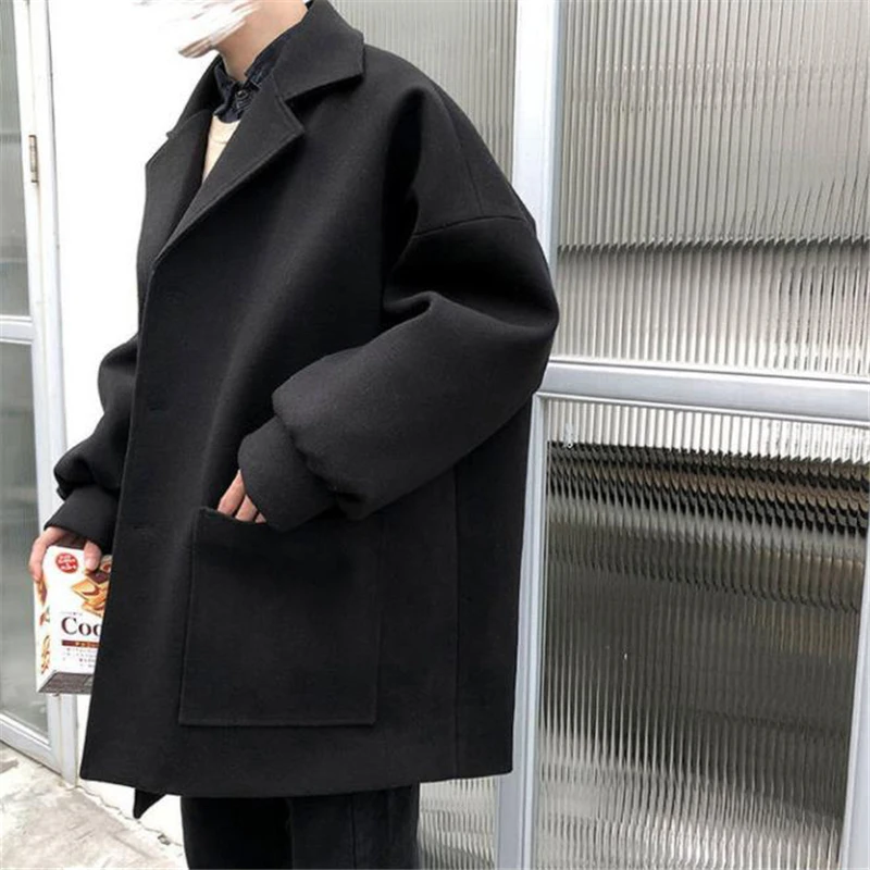 남성용 모직 코트, 턴다운 코트, 두꺼운 바람막이, 단색 싱글 브레스트 아우터, 남성 2021, 한국 패션, 가을, 겨울