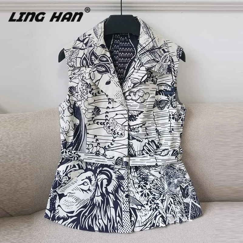 LINGHAN/модное хлопковое пальто на бретелях с животным принтом; Повседневная однобортная верхняя одежда с поясом; Дизайнерская одежда; сезон весна-лето; Новинка - Цвет: Многоцветный