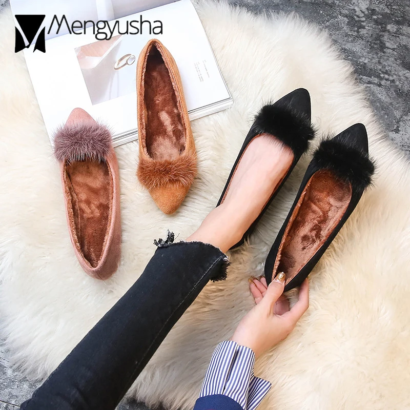 

Insole Plush Fur Shoes Women Mink Hair Flats Big Size 43 Ladies Dress Shoes Winter Warm Pointy Toe Furry Loafers Fleeces Ballet