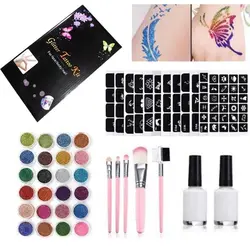 25 Colors  Powder Shimmer Glitter 2 Glues 5 Brushes 3 Hollow Stencils Temporary Tattoo Templates for Face Body Nail Stickers