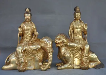 

wedding decoration 14" Tibet Buddhism bronze gilt Manjushri Lion Samantabhadra Elephant Statue Pair