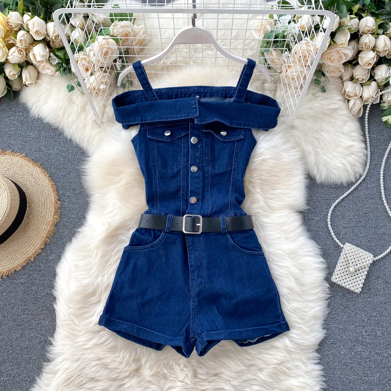 Vendedor Caliente Mono vaquero para mujer, Peto vaquero informal holgado con hombros descubiertos, monos vaqueros de camal ancho, monos vaqueros informales 2020 J9jOk76ED