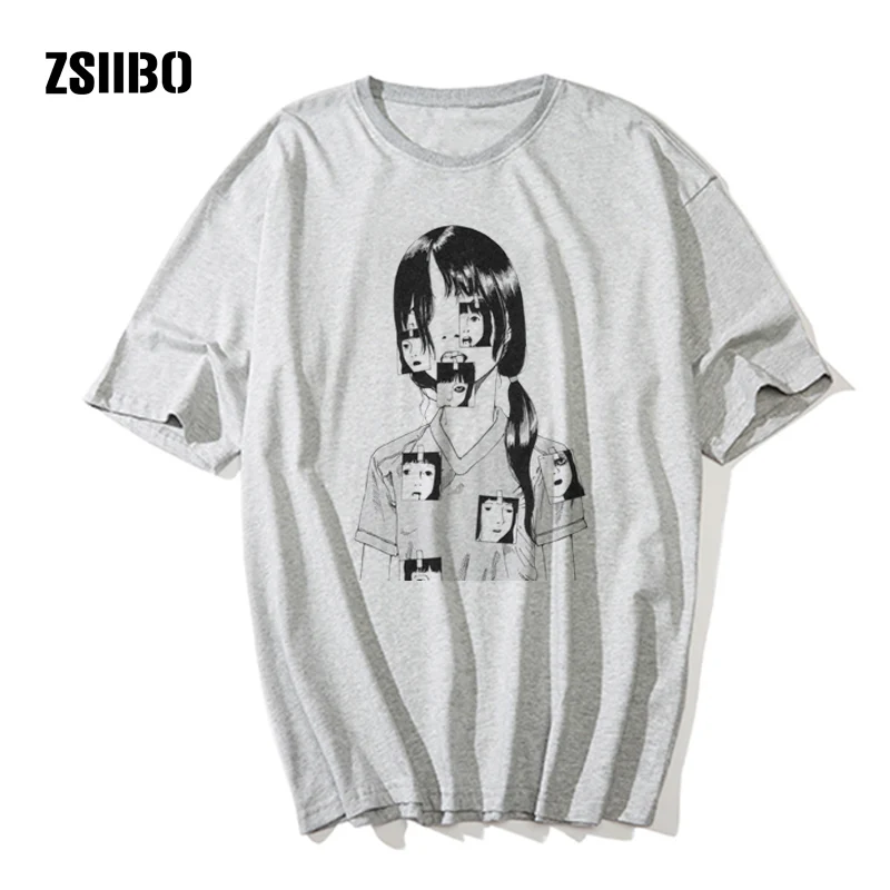 Manga Junji Ito/футболки необыкновенные футболки для девочек, топ с короткими рукавами, эстетическое японское аниме, чокнутые головы, облегающая футболка - Цвет: gray2