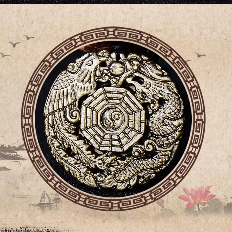 Natural Gold Obsidian Pendant Necklace Dragon Phoenix with Chain the Eight Trigrams Pendant Amulet Peace Mascot For Men/Women