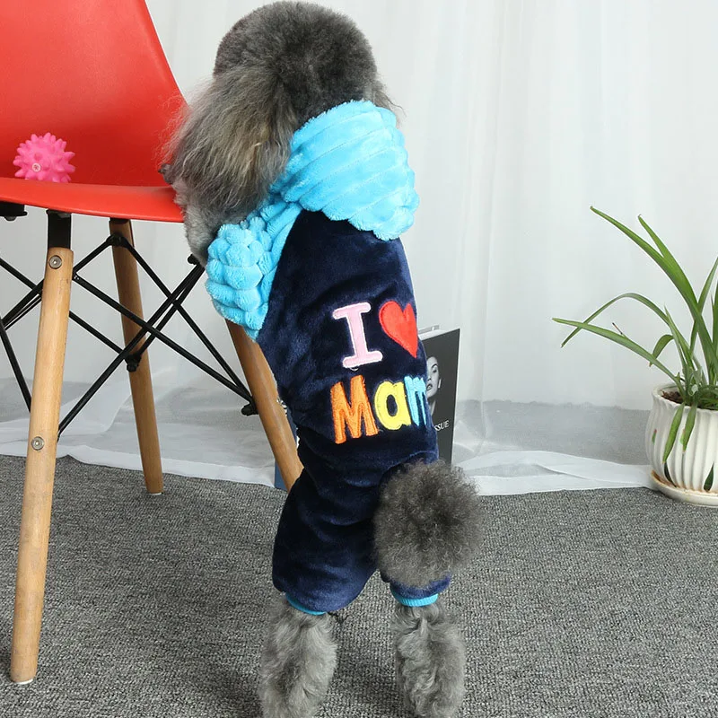 Собака Комбинезон для щенка толстовки крытый сушилка для одежды зимние теплые фланелевые пижамы, одежда для сна для маленьких собак и кошек Костюмы с надписью «I Love Mama» для домашнего питомца