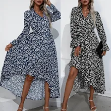 

JAYCOSIN Female Vintage Floral Printed Long Sleeve Dress Spring Autumn Long Sleeve V Neck Single Breasted Dress Roupas Femininas
