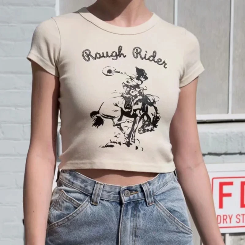 Women Rough Rider Graphic Cotton Cropped Fit Tee Crop Short Sleeved T