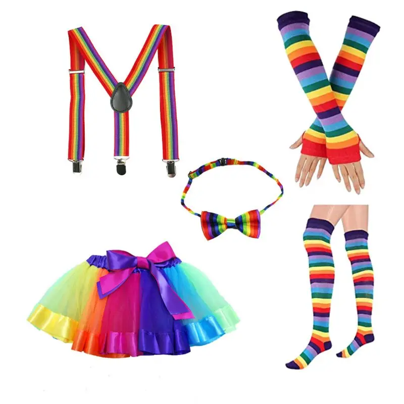

Adult Kids 5 In 1 Rainbow Cosplay Costume Accessory Tutu Skirt Suspenders Bowtie