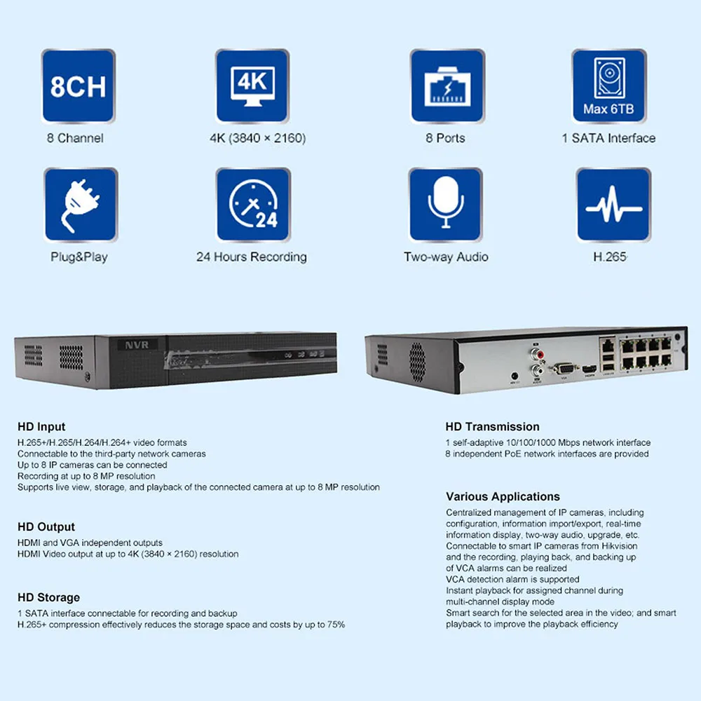 Hikvision Hilook NVR-108MH-C/8 P OEM 8CH 4K POE NVR ONVIF рекордер с 2 ТБ HDD USB резервного копирования