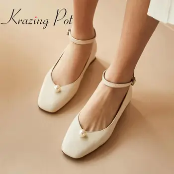 

Krazing pot 2020 new spring summer solid genuine leather square toe pearl low heel princess style shallow ankle straps pumps L52