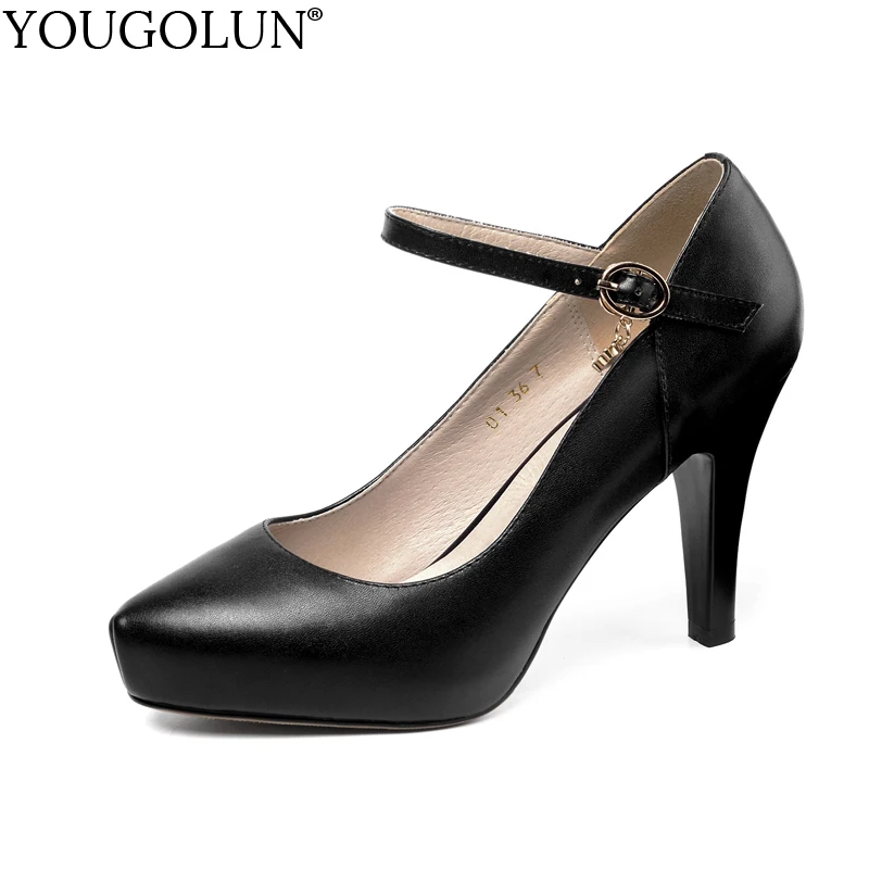 

High Heels Genuine Cow Leather Spring Thin Heel Elegant Ladies New Shoes C307 Woman Black White Pointed Toe Buckle Platform Pump