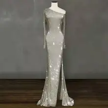 Новое поступление, блестящая ткань, одно плечо, сексуальная облегающая, с длинными рукавами, длина до пола, плиссированная для ковровой дорожки, строгие платья знаменитостей