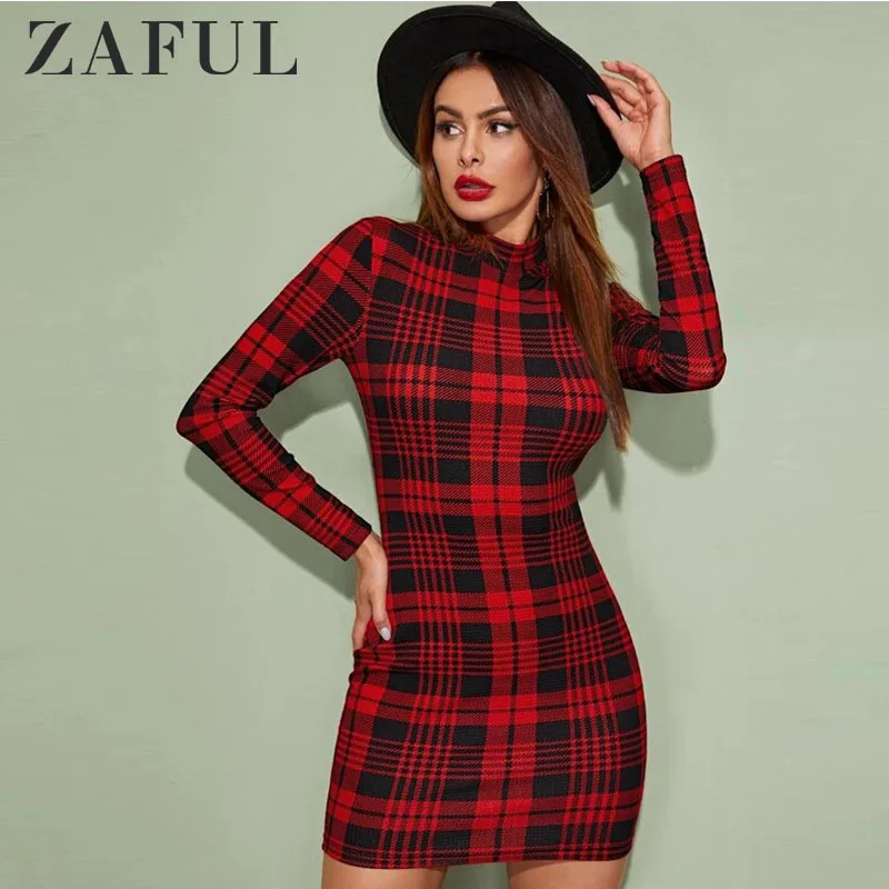 Зимнее женское платье ZAFUL, винтажное, в клетку, ломаную клетку, облегающее, сексуальное, мини платье,, коктейльное, с имитацией шеи, облегающее, вечерние, рождественское платье