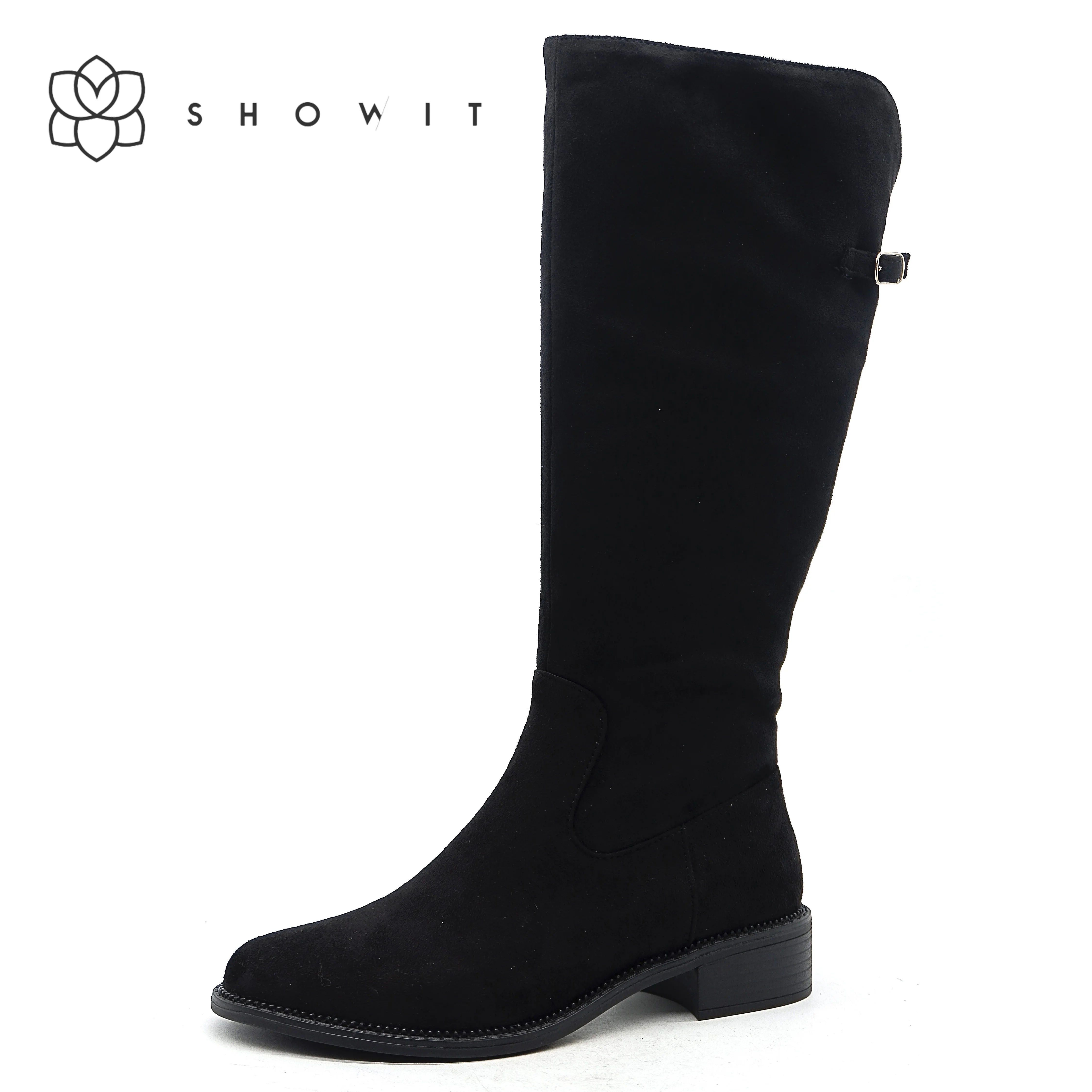 Женские ботинки до середины икры SHOWIT черные удобные на низком каблуке с круглым