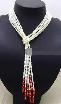 

SALE Supper long 45'' White 4mm Round Coral&red coral 3 Strands Necklace-nec5818