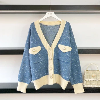 

NCLAGEN V Neck Buttons Girl Knitted Cardigan Long Sleeve Contrast Color Casual Outerwear Sweater Autumn Warm Top 2020 Women