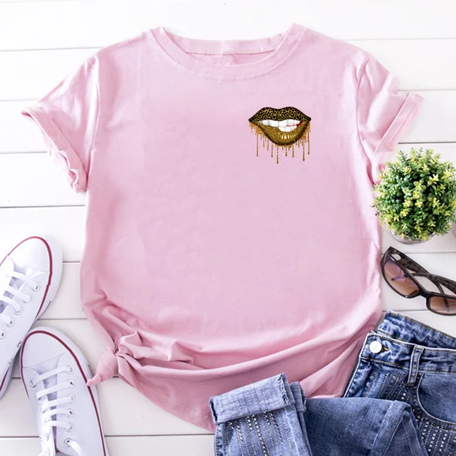 Summer Fashion Shirt Lips Leopard Graphic T Shirt Women Harajuku Tops  O-neck 4 colors Tee Kiss Lip Funny Girls  T-shirt Lips 2 Pink
