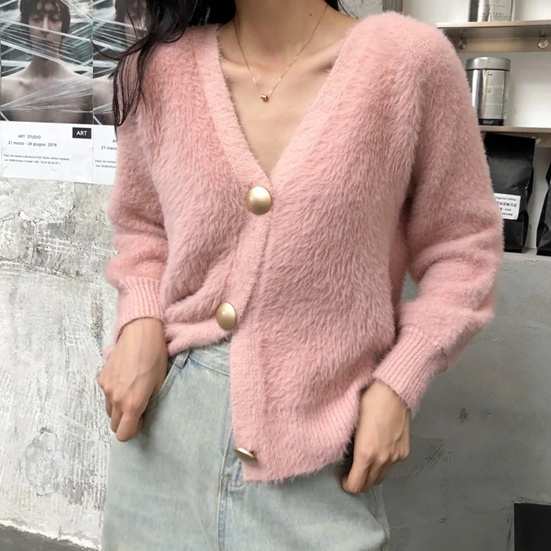 

New Women Autumn Winter Elegant Sexy V Neck Fur Cardigan Sweater Female Long Sleeve Knitted Coat Top Christmas Pull Femme Hiver