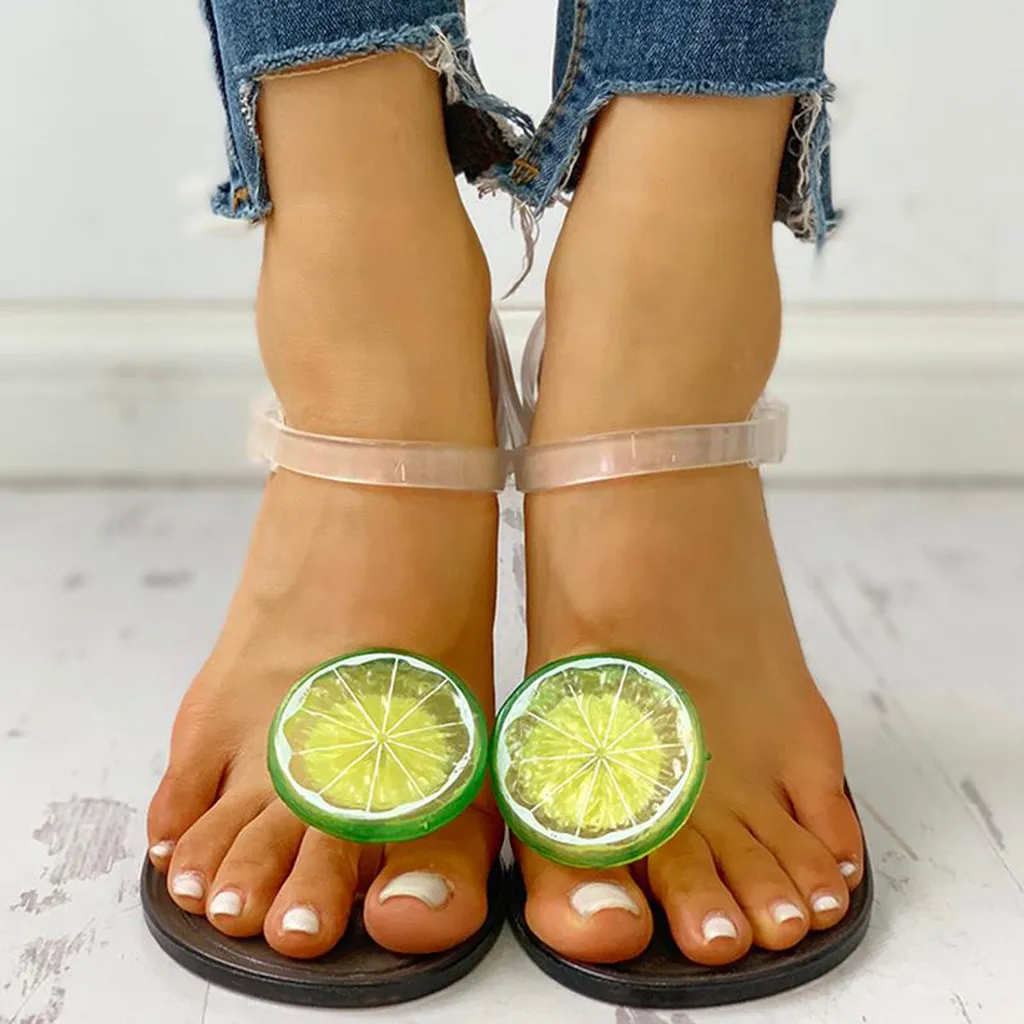 

women gladiator flat sandals Women's Fashion Transparent Strap Side Open Lemon Pattern Flat Beach Shoes sandalia feminina