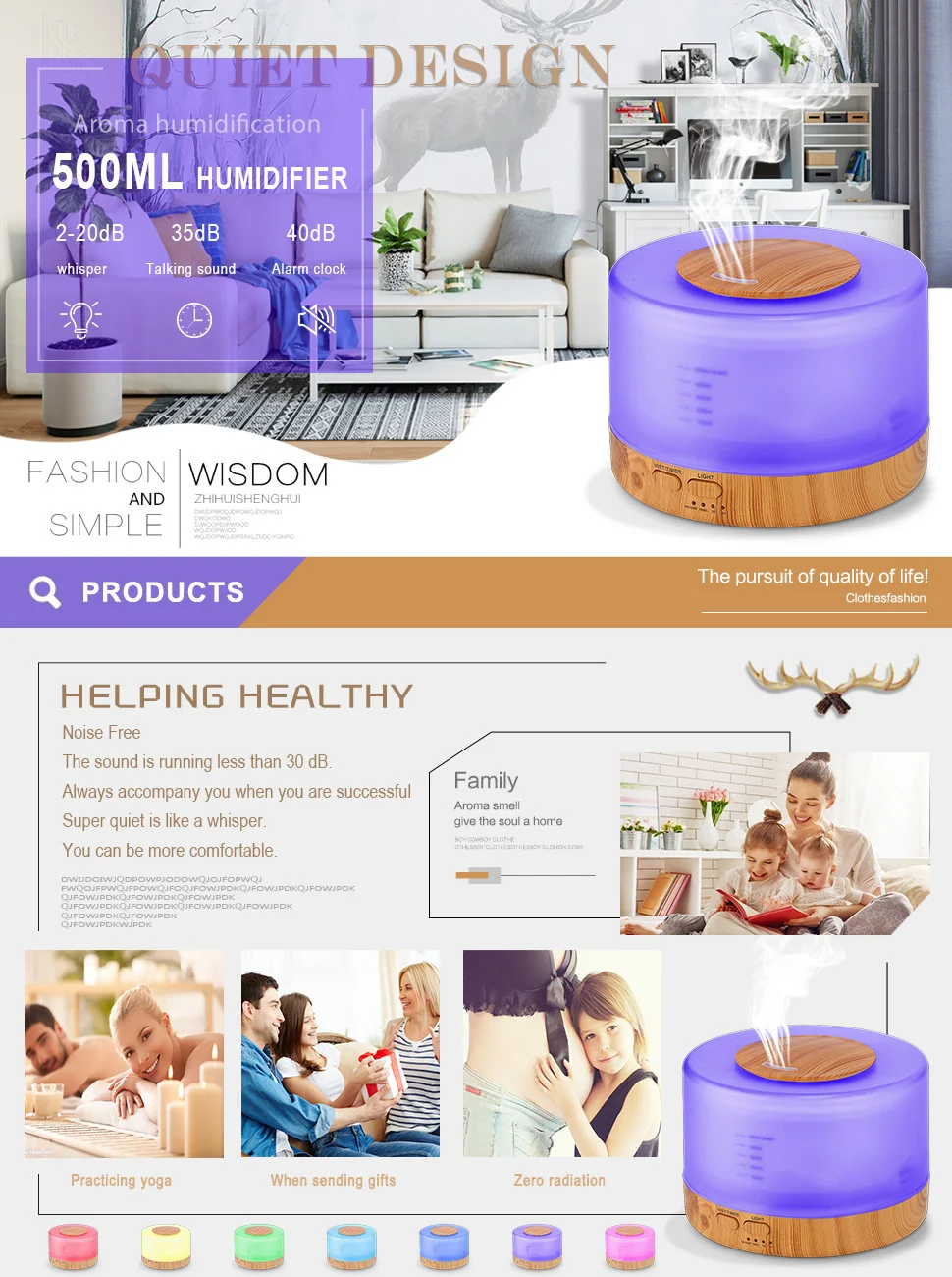 500ML Aromatherapy Diffuser Air Humidifier with LED Night Light for Home Room Ultrasonic Cool Mist Aroma Essential Oil Diffuser