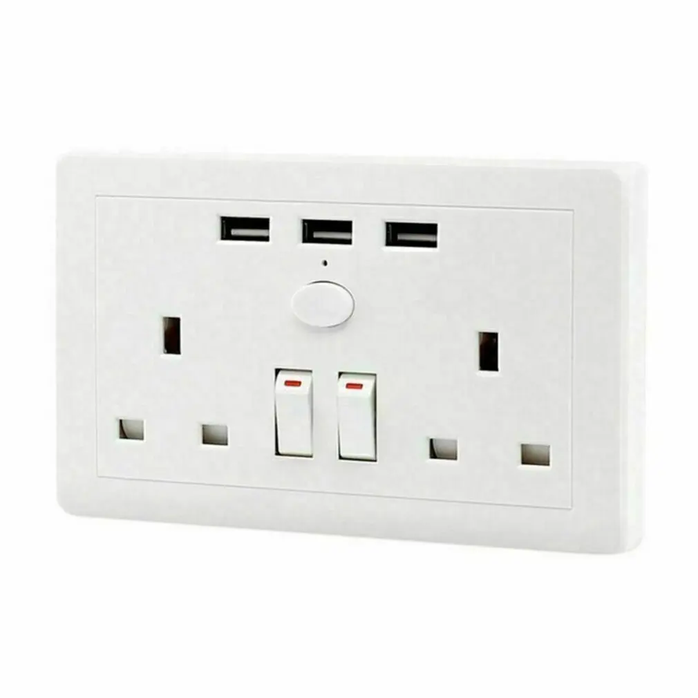 С 3 USB настенным питанием двойной штепсельной вилкой Великобритании Заземленный Британский стандарт Электрический двойной выходной переключатель с индикатором