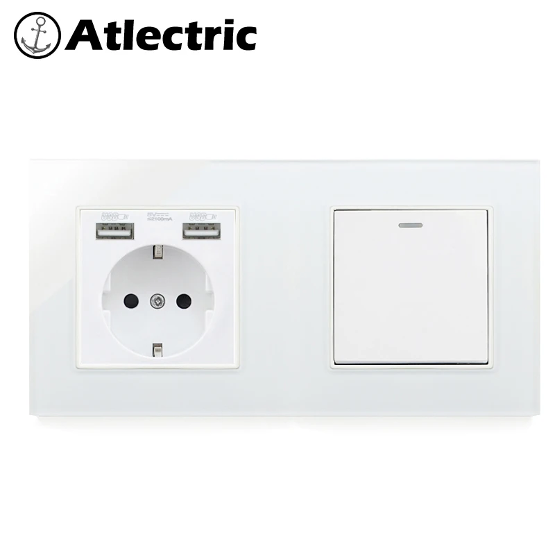 Atlectric DE EU Plug Power Socket Dual USB Port 1 2 3 4 Gang Light Button Switch Wall Socket Double Electrical Glass Outlet