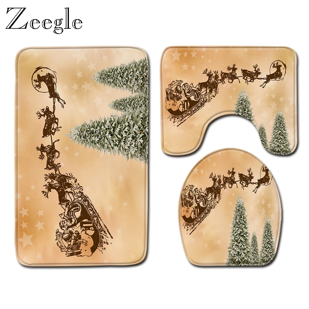 Zeegle Christmas Bath Mat Set Lid Toilet Cover Mat Absorbent Bathroom Doormat Flannel Anti Slip Toilet Pedestal Rug Toielt Set