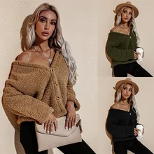Autumn and Winter New Style V-neck Button Jacket Jacket Long-sleeved Cardigan Loose Jacket Fashion Plush Warm Jacket