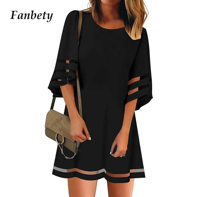 

Fanbety Women Sexy Sand Mesh Splicing Flare Sleeve Chiffon Dress Lady Tunic Sundress Loose Mini Party Dress Elegant Beach dress