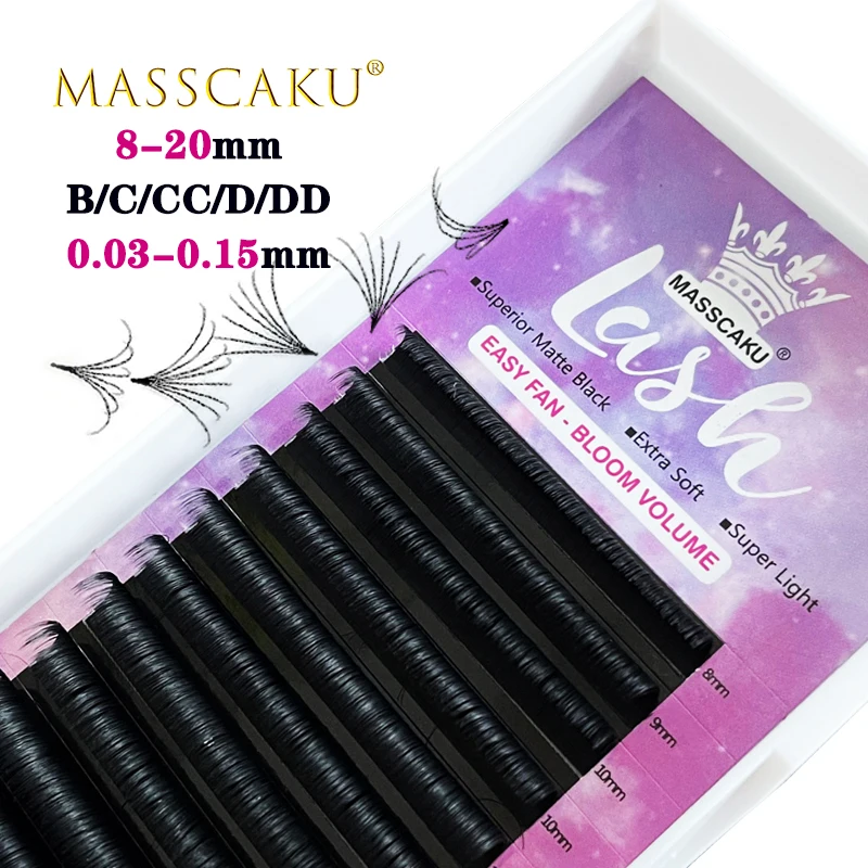 MASSCAKU sell 12lines autofan false easy fanning lashes russian trays c/d curl natural soft individual eyelashes extensions