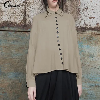 

Top Fashion Women Long Sleeve Blouses 2020 Celmia Autumn Buttons Casual Loose Blusas Femininas Vintage Cotton Linen Office Shirt