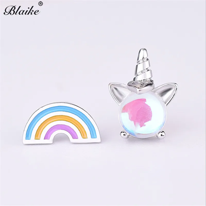 

Blaike 925 Sterling Silver Filled Rainbow Unicorn Stud Earrings Moonstone Asymmetrical Earrings For Women Wedding Party Jewelry