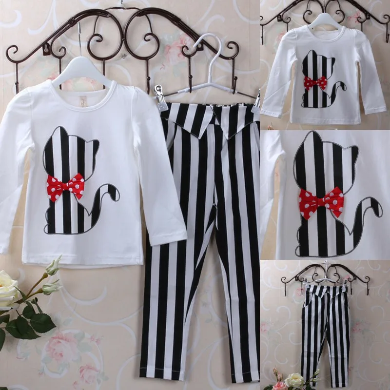 

Girls Sets Autumn Baby Girl Clothes Cat Cartoon Long-Sleeve T-Shirt + Stripe Legging Suit Girls Clothing Set Children Clothing