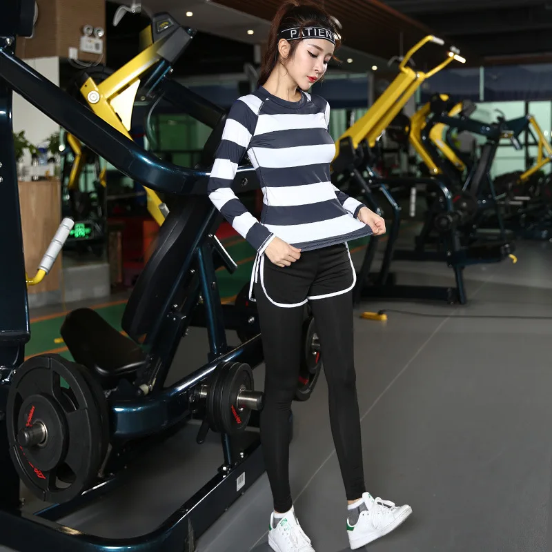 

Autumn Running Fitness Sports Clothing Set Quick-Dry Slimming Striped Shirt Fake Two-Piece Trousers Yoga Clothes