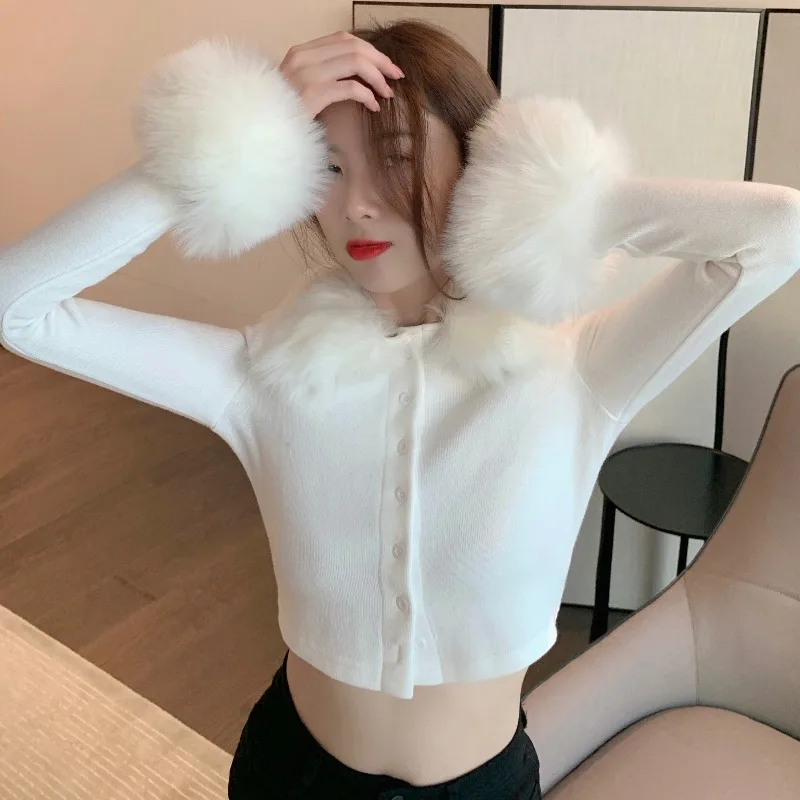 

Streetwear Sexy Fake Fur Trim Ribbed Crop Tops 90s Vintage V-neck Single-breasted Long Sleeve T-shirts Autumn Clubwear New2021